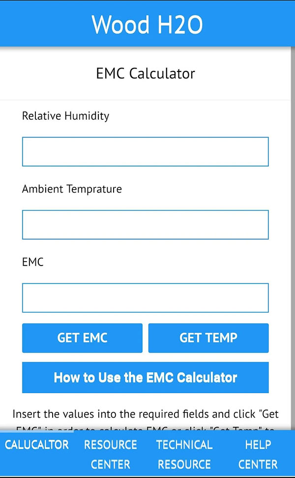 Woodh2o app EMC calculator